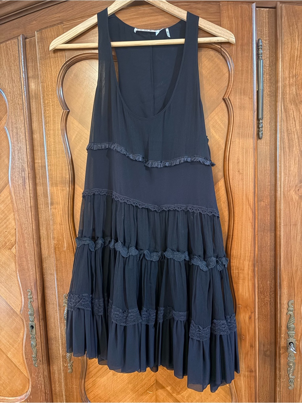 L.A.M.B. Silk Black Sleeveless Tiered Ruffle Mini Dress size Medium #1189 - Picture 5 of 9